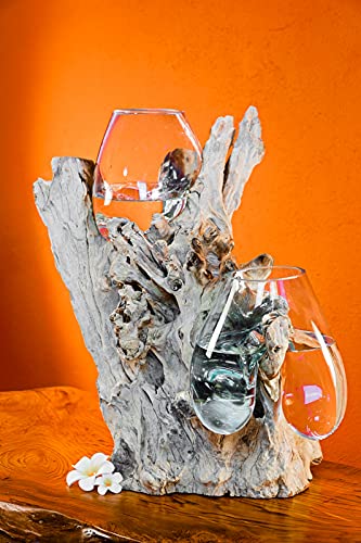 Geschmolzenes Glas auf Wurzelholz - Glasschale auf Wurzel - Teak Holz mit Glasvase oder Schale (2 Gläser 50-60x45x40 cm)