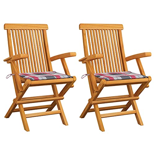 UTSRABFA Stühle für draußen Terrassenstuhl Gartenstühle Esszimmerstühle Gartenstühle Rote Karomuster-Kissen 2 STK. Massivholz Teak Geeignet für Garten, Rasen, Strand, Terrasse