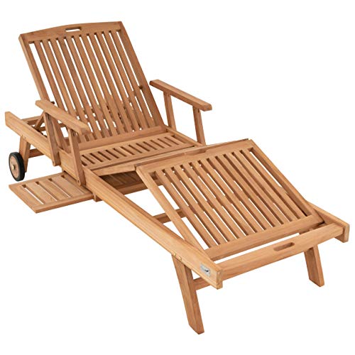 Divero Sonnenliege Garten Relax - Liege Teak - Holz inkl. Räder Tablett – Lehne & Fußteil mehrfach verstellbar – unbehandelt Natur behandelt (wählbar) (Braun)