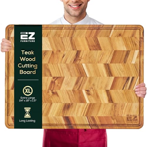 EZ FURNITURE Extra großes Fischgräten-Schneidebrett aus Teakholz mit Saftrille und Griffen, messerfreundlich, wendbar, geeignet zum Hacken von Fleisch, Gemüse, Ästhetik für die Küche, 61 x 45,7 cm