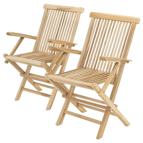 SONLEX 2er Set Klapp-Stuhl mit Armlehnen aus Teak-Holz unbehandelt - Farbe Natur braun - Gartenstuhl Balkonstuhl Terrassen-Stuhl Teakstuhl – klappbar