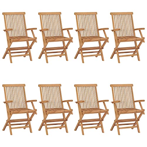 Eleganz 8er Set Gartenstühle mit Beigen Kissen aus fein geschliffenem Teak-Hartholz, wasserbasiertem Finish, langlebig und pflegeleicht für Terrasse und Garten