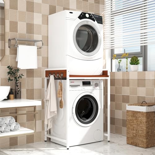 GAMAK Regal für Waschmaschine und Trockner Übereinander, Waschmaschine Regal für Badezimmer, Multifunktional Badezimmerregal Platzsparend Leicht Zu Montieren (Color : White+Teak)