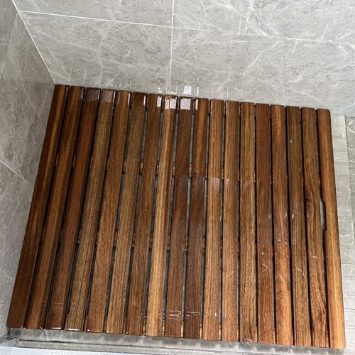 Teak-Duschmatte mit Ablaufloch in der Mitte, 83,8 x 106,7 cm, schieferfarbene Plattform, Holz-Badematte für Boden, keine Wartung, Innen-Duschmatte, 76,2 cm, 84,9 cm, 83,8 cm, 84,9 cm, 84,9 cm, 94,8 cm