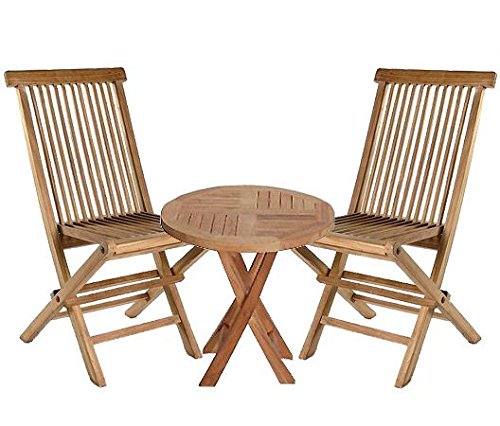 La Casa di Caesar Teakholz 3er Set Riva Beistelltisch rund und Zwei Klappstühle Teak Möbel Gartenmöbel