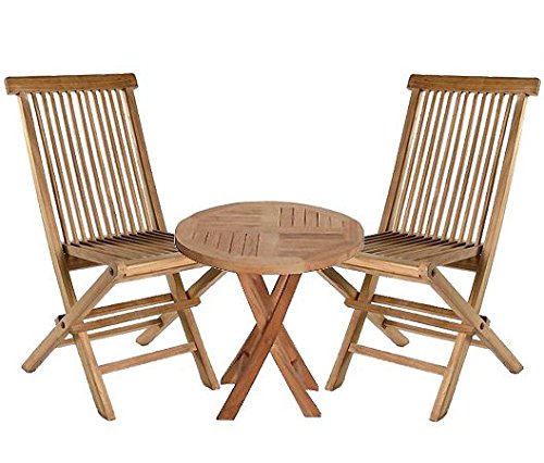 La Casa di Caesar Teakholz 3er Set Riva Beistelltisch rund und zwei Klappstühle Teak Möbel Gartenmöbel