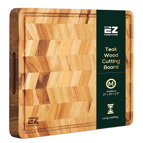 EZ FURNITURE Schneidebrett aus Teakholz, 43,2 x 33 cm, Hirnholz mit Saftrille und Griffen, messerfreundlich, wendbar, geeignet zum Hacken von Fleisch, Gemüse, Ästhetik für die Küche