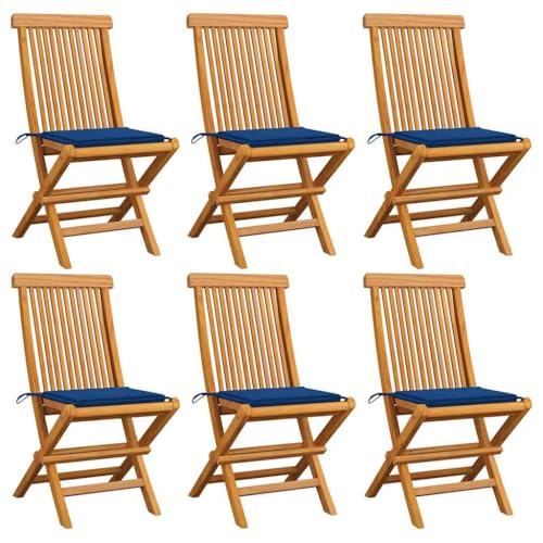LAPOOH Gartenstühle mit Königsblauen Kissen 6 STK Balkonstuhl, Möbelsets, Gartensessel, Garten Stühle, Gartenmöbel, Balkon Stühle, Terrassenstühle, Sessel Outdoor, Hochlehner, Massivholz Teak