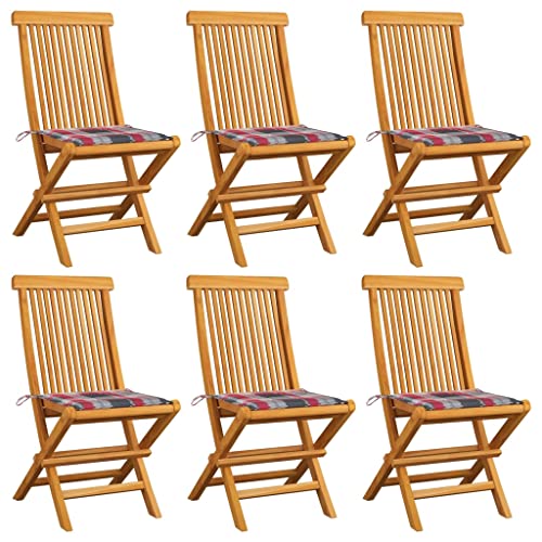 LAPOOH Gartenstühle mit Kissen 6 STK Balkonstuhl, Möbelsets, Gartensessel, Garten Stühle, Gartenmöbel, Balkon Stühle, Terrassenstühle, Sessel Outdoor, Hochlehner, Rot Karomuster Massivholz Teak