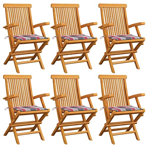 UTSRABFA Stühle für draußen Terrassenstuhl Gartenstühle Esszimmerstühle Gartenstühle Rote Karomuster-Kissen 6 STK. Massivholz Teak Geeignet für Garten, Rasen, Strand, Terrasse
