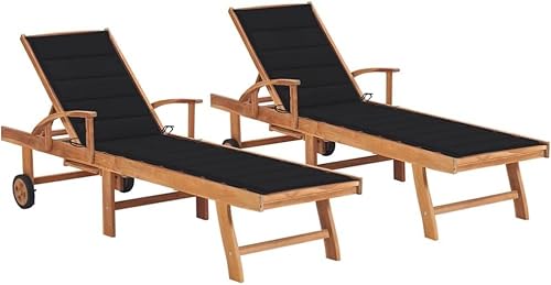 Sonnenliegen aus Teakholz, 2-teiliges Set mit schwarzem Kissen, Verstellbarer Rückenlehne, Lounge-Stühle für den Außenbereich, für Pooldeck, Terrasse, Gartenmöbel