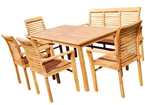 ASS Teak Set Gartengarnitur Tisch 150x80 cm mit 1 Bank 150 cm für 3 Personen und 4 Sessel Holz Serie JAV-Alpen