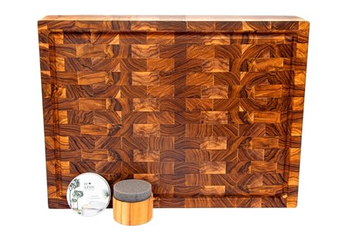 Premium Schneidebrett-Set aus Teakholz, komplettes Set mit Hirnholz-Schneidebrett, Holzwachs und Applikator, ideales Schneidebrett-Set für Hobbyköche und Köche – verbessern Sie Ihr Kocherlebnis noch