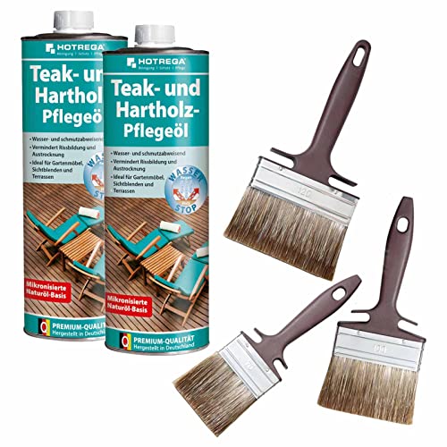 HOTREGA Teak- und Hartholz Pflegeöl 2x 1L inkl. 3 Pinsel - Pflege für Gartenmöbel, Terrassenmöbel