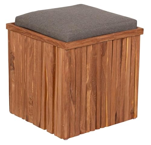 MR. DEKO® Teakbox Hocker mit Sitzpolster | Sitzhocker aus Teakholz 45x45x45 cm (BxTxH) | Sitzpolster und Stauraum unter dem Sitz | als Aufbewahrungsbox Teak Tisch oder Gartentisch | Outdoormöbel