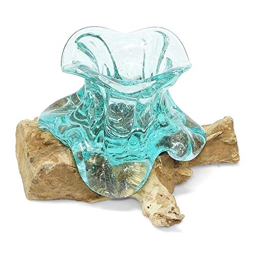CRISTALICA Minivase Liqva Glas mit Wurzel ca. 20cm Teakholz Dekoration Unikat handgefertigt