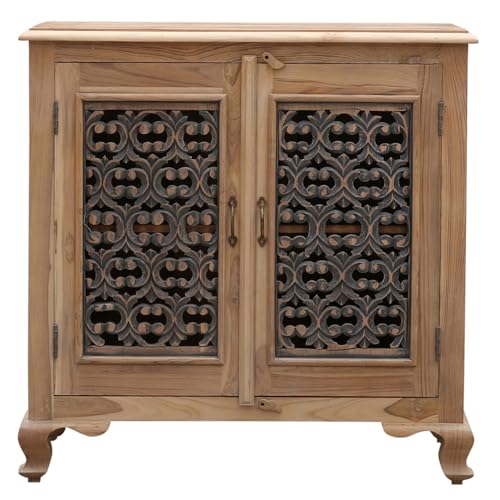 Marrakesch Vintage Kommode mit Türen aus Teak Holz 92cm | Skandinavische Deko kleines Sideboard Komode Abaddon handgeschnitzt für stilvolle Aufbewahrung & Dekoration im Wohnzimmer & Schlafzimmer