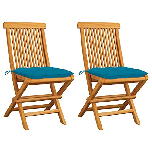 Youuihom Stühle für draußen Liegestuhl Garten-Freizeitstuhl Gartenstühle mit Hellblauen Kissen 2 STK. Massivholz Teak Geeignet für Garten, Hinterhof, Patio, Terrasse, im Freien