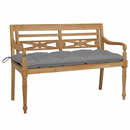 Xichuzi Batavia-Gartenbank mit Grauem Kissen, Sitzbank Outdoor, Parkbank, Balkon Bank Kleiner Balkon, Garten Bänke, Park Benches, 120 cm Teak Massivholz