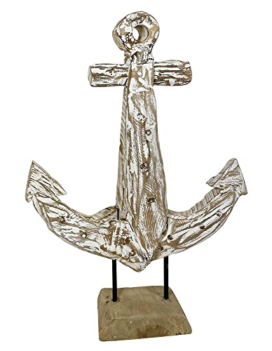 zeitzone Anker Figur Deko Skulptur Schiffsanker auf Ständer Teakholz Weiß Maritim 38cm