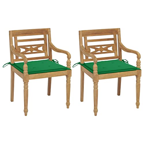 HANJIEFACAI Sun Garden,campingstuhl hochlehner,hochlehner gartenstuhl,Batavia-Stühle 2 STK. mit Grünen Kissen Teak Massivholzauflagen, Kissen & Polster,gartenstuhl Metall,hochlehner auflagen,