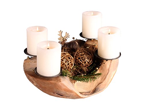 GARDENho.me Deko Schale Teakholz Adventskranz Ø 20-25 cm mit 4 Kerzenpicks