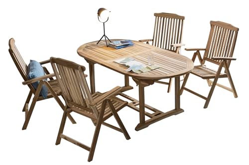 furnling Palma Sitzgruppe Garten, Terrassenmöbel-Set aus 4 verstellbaren Armlehnstühlen, 1 ausziehbarer Tisch, aus Teakholz, wetterfest, Natur, Gartenmöbel Set Lounge Holz