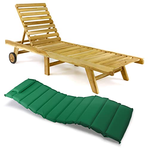Divero Sonnenliege mit Auflage Set Relax-Liege Holzliege Gartenliege Teakholz Natur inkl. Räder, verstellbares Kopfteil, Auflage grün