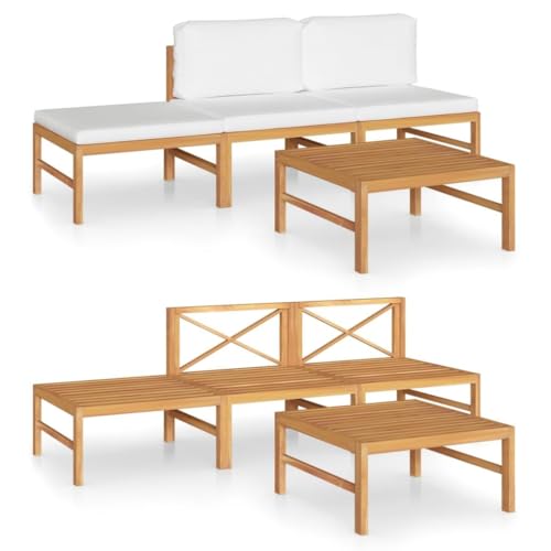[Teakholz-Lounge-Set] Enshey 4-tlg.Gartenmöbel-Set für den Außenbereich mit cremefarbenen Kissen – Sitzgelegenheiten aus massivem Holz für Terrasse oder Hof – Gesprächsset aus Teakholz
