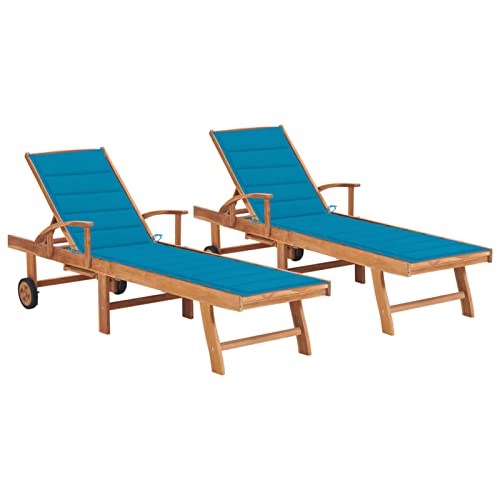 JUNZAI Sonnenliegen 2 STK. mit Blauen Auflagen, Gartenliege, Strandliege, Relaxliege Garten, Saunaliege, Campingliege, Poolliege, Liege Garten, Massivholz Teak
