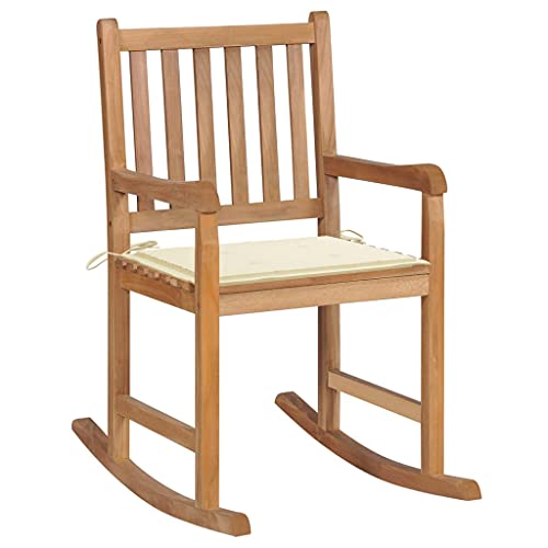 UTSRABFA Stühle für draußen Terrassenstuhl Gartenstühle Esszimmerstühle Schaukelstuhl mit Cremeweißem Kissen Massivholz Teak Geeignet für Garten, Rasen, Strand, Terrasse