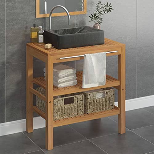 TEWTX7 Waschtisch Massivholz Teak mit Marmor Waschbecken und 2 Körben Badtisch mit Regal Aufsatzwaschbecken Badmöbel Unterschrank Waschbeckenunterschrank Badschrank für Badezimmer und Waschraum