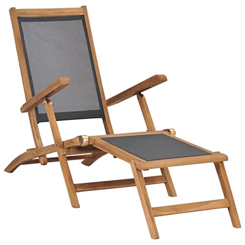 vidaXL Teak Massiv Liegestuhl mit Fußablage Klappbar Sonnenliege Gartenliege Deckchair Gartenmöbel Holzliege Liege Relaxliege Schwarz