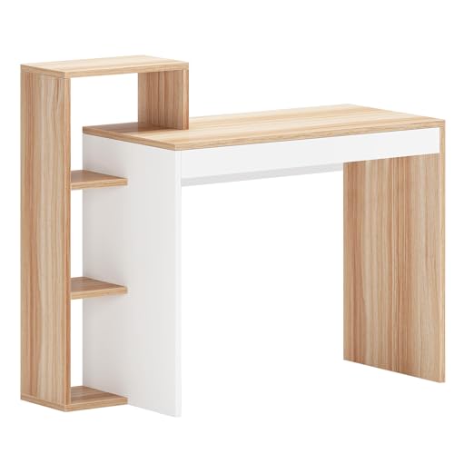 Kompakter Computertisch mit Regalen, kleiner Home-Office-Tisch für Arbeitszimmer und Arbeit, 110 x 40 x 90 cm, weißes Teak-Finish, modernes Design für platzsparende Lösungen