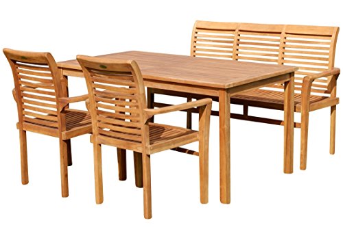 ASS Teak Set: Gartengarnitur Gartentisch 150x80 cm + 1 Bank 150 cm für 3 Personen + 2 Sessel Serie JAV-Alpen