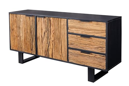 Licht-Erlebnisse Sideboard Teakholz Mangoholz Eisen 150 x 75 cm (BxH) in Natur Schwarz Kufengestell 3 Schubladen 2 Türen Schrank Wohnzimmer Flur Kommode