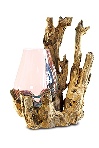 Kinaree Geschmolzenes Glas auf Wurzelholz - Glasschale auf Wurzel - Teak Holz mit Glasvase oder Schale (Glas 30-50 x 35 cm)