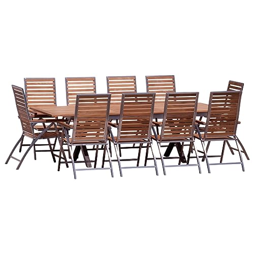 ALEOS. Gartengarnitur Edelstahl Teak Set: Ausziehtisch 200-260x100 cm + 10 Teak-Edelstahl Hochlehner, Sitzgruppe A-Grade Teak Holz - Serie Nassau - Gartenmöbel Set 10 Personen Gastronomie Qualität