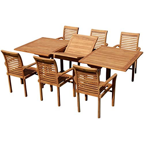 ALEOS. echt Teak Set Gartengarnitur Tobago Ausziehtisch 180-240cm x 100cm mit 6 Alpen Stapelstühle Sessel stapelbar