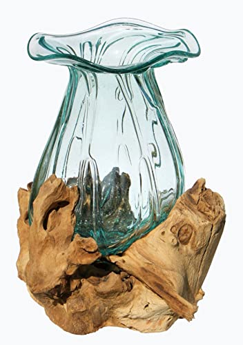Geschenk Idee Dekoration Wohnung Gamal Wurzel Holz Glas Vase Teakholz Handarbeit Vase (Ø Glas 18-20 cm Pott XL)