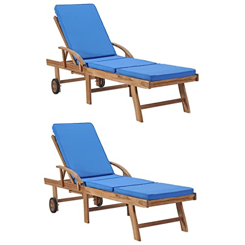 Myheimly Sonnenliegen mit Auflagen 2 STK. Massivholz Verstellbar Gartenliege Holzliege Liege Relaxliege Liegestuhl Strandliege Gartenmöbel Teak Blau