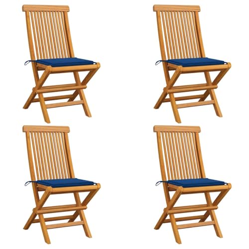 LAPOOH Gartenstühle mit Königsblauen Kissen, Gartenmöbel, Balkonstühle, Hochlehner, Balkonmöbel, Bistrostuhl, Garten Stühle, Armlehnenstuhl, 4 STK. Massivholz Teak