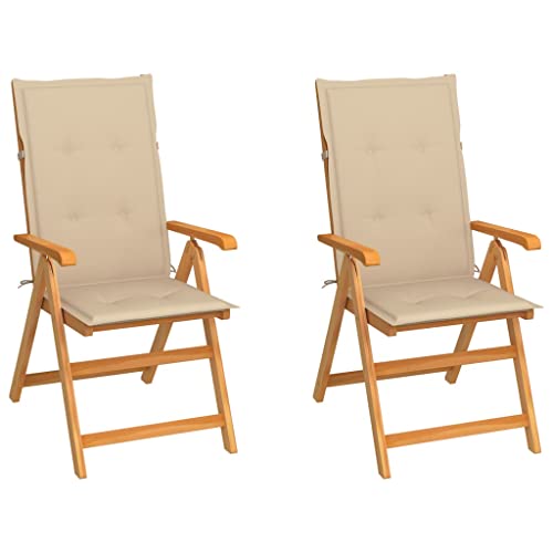 vidaXL 2X Teak Massiv Gartenstuhl mit Beigen Kissen Klappbar Hochlehner Klappstuhl Gartensessel Holzstuhl Stuhl Stühle Gartenstühle