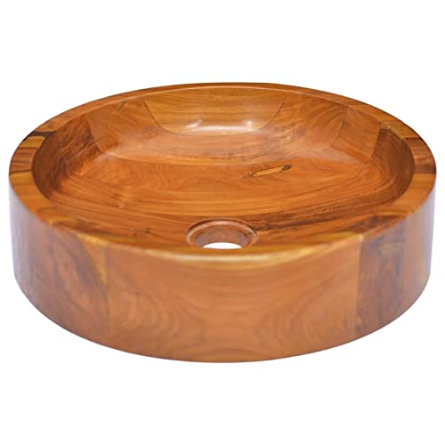 RONGQI Waschbecken, Aufsatzwaschbecken, Bathroom Sink, Waschtisch, Ablaufgarnitur, Aufsatzbecken, Massivholz Teak Φ40x10 cm