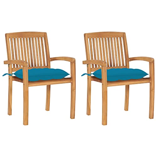 Youuihom Stühle für draußen Liegestuhl Garten-Freizeitstuhl Gartenstühle 2 STK. mit Hellblauen Kissen Massivholz Teak Geeignet für Garten, Hinterhof, Patio, Terrasse, im Freien
