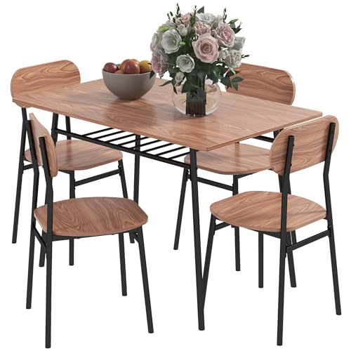 HOMCOM 5-TLG. Essgruppe, Esstisch mit 4 Stühlen, Küchentisch mit Ablagefläche, Esszimmergruppe, Esszimmermöbel, Esstisch Set für Küche, Esszimmer, Stahl, Teak