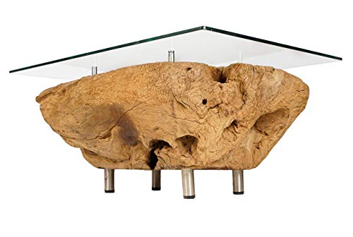 Windalf Historischer Premium Couchtisch Elvira h: 46 cm Sideboard aus Teakholz mit Glasplatte Fernsehtisch Unikat Handarbeit Wurzelholz