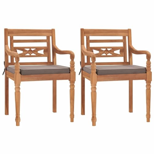 BaraSh Batavia-Stühle 2 STK. mit Dunkelgrauen Kissen Massivholz Teak Gartenstuhl Essstuhl Holzstuhl Gartenstühle Stühle Teakstuhl Sessel Gartensessel