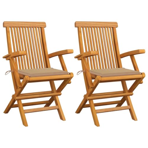 vidaXL 2X Teak Massiv Gartenstuhl mit Beige Kissen Armlehnen Gartenstühle Klappstuhl Klappstühle Holzstuhl Gartenmöbel Stuhl Stühle