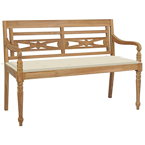 Fasba Teak Massiv Batavia Gartenbank mit Cremeweißem Kissen Holzbank Sitzbank Parkbank Gartenmöbel Bank Balkonbank Terrassenbank 120cm